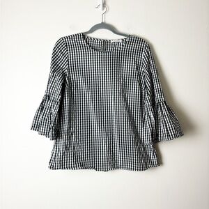 CALVIN KLEIN • Women’s Black/White Gingham Beel Sleeve Blouse Keyhole Back Sz M